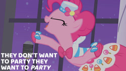 Size: 1280x720 | Tagged: safe, edit, edited screencap, editor:quoterific, imported from derpibooru, screencap, pinkie pie, earth pony, pony, season 1, the best night ever, bipedal, clothes, dress, eyes closed, female, gala dress, mare, microphone, open mouth, solo