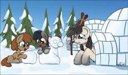 Size: 1992x1165 | Tagged: safe, artist:agent-diego, imported from derpibooru, oc, oc only, oc:evergreen, oc:frosty flakes, oc:permafrost, fish, pony, colt, female, filly, foal, house, igloo, male, pinecone, snow, snow mare, snowpony, snowpony (species), taiga pony, tree, yakutian horse