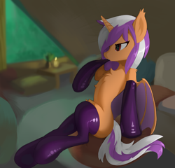 Size: 1200x1152 | Tagged: source needed, safe, artist:foxyara, imported from derpibooru, oc, oc only, bat pony, bat pony unicorn, hybrid, unicorn, bat pony oc, bat wings, clothes, horn, latex, latex socks, room, socks, solo, wings