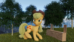 Size: 2560x1440 | Tagged: safe, artist:blenderpony, derpibooru exclusive, imported from derpibooru, applejack, 3d, blender, blender cycles, cycles, missing accessory, missing freckles, outdoors