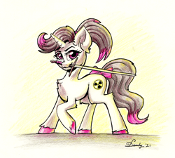 Size: 2523x2275 | Tagged: safe, artist:dandy, imported from derpibooru, oc, oc only, oc:hazel radiate, pony, unicorn, bow, chest fluff, colored hooves, colored pencil drawing, ear fluff, eyebrows, eyelashes, female, high res, highlights, horn, looking at you, mare, ponytail, signature, solo, sword, tail bow, traditional art, unicorn oc, unshorn fetlocks, weapon