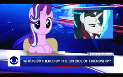 Size: 1084x677 | Tagged: safe, edit, edited screencap, imported from derpibooru, screencap, chancellor neighsay, starlight glimmer, pony, unicorn, series:equestrian propaganda of success, school daze, chair, female, male, mare, meme, news, poland, ponified meme, portal, propaganda parody, school of friendship, sitting, stallion, tvp, zbs