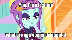 Size: 1920x1081 | Tagged: safe, imported from derpibooru, screencap, sunny flare, dance magic, equestria girls, spoiler:eqg specials, caption, female, image macro, implied lesbian, lesbian, pride, solo, text