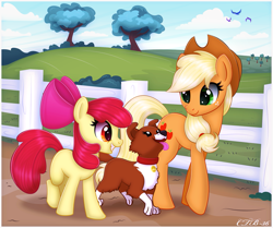 Size: 985x824 | Tagged: safe, artist:ctb-36, imported from derpibooru, apple bloom, applejack, winona, bird, dog, earth pony, pony, adorabloom, bow, cowboy hat, cute, female, fence, filly, hair bow, hat, jackabetes, mare, scenery, tree, walking, winonabetes
