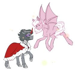 Size: 768x768 | Tagged: artist needed, safe, imported from derpibooru, king sombra, oc, oc:coloured glaze rose, bat pony, pony, unicorn, bat wings, canon x oc, clothes, duo, duo male, flying, looking at each other, male, sombrose, stallion, wings