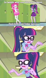 Size: 3414x5764 | Tagged: safe, imported from derpibooru, screencap, pinkie pie, sci-twi, twilight sparkle, equestria girls, equestria girls series, stressed in show, stressed in show: pinkie pie, spoiler:eqg series (season 2), book, bowtie, caption, clothes, female, geode of sugar bombs, geode of telekinesis, glasses, image macro, implied penis, jewelry, lockers, magical geodes, necklace, open mouth, ponytail, tanktop, text