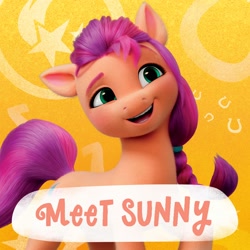 Size: 2000x2000 | Tagged: safe, imported from derpibooru, sunny starscout, earth pony, pony, abstract background, amazon.com, female, g5, high res, mare, official, solo, text