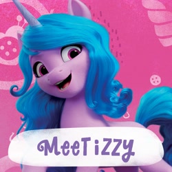 Size: 2000x2000 | Tagged: safe, imported from derpibooru, izzy moonbow, pony, unicorn, abstract background, amazon.com, female, g5, high res, mare, official, solo, text