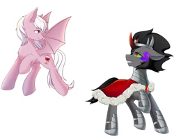 Size: 1280x1024 | Tagged: safe, imported from derpibooru, king sombra, oc, oc:coloured glaze rose, bat pony, pony, unicorn, bat wings, canon x oc, clothes, duo, duo male, flying, looking at each other, looking back, male, sombrose, stallion, wings