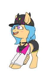 Size: 1000x1414 | Tagged: safe, artist:happy harvey, imported from derpibooru, oc, oc:little league, earth pony, blushing, choker, clothes, collar, colored pupils, drawn on phone, drawthread, female, filly, fishnets, hat, jacket, phone drawing, shorts, simple background, transparent background
