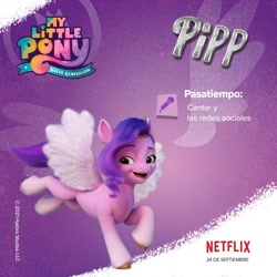 Size: 960x960 | Tagged: safe, imported from derpibooru, pipp petals, pegasus, pony, female, g5, mare, microphone, my little pony: a new generation, my little pony: a new generation logo, netflix, netflix logo, official, solo, spanish, text