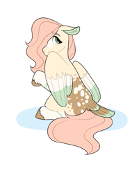Size: 2000x2500 | Tagged: safe, artist:flowercatbutters, imported from derpibooru, fluttershy, pegasus, pony, alternate design, blaze (coat marking), coat markings, colored ears, colored hooves, colored wings, colored wingtips, covering, dappled, facial markings, female, floppy ears, hair over one eye, head turned, high res, looking at you, looking back, looking back at you, mare, missing cutie mark, multicolored wings, raised hoof, rear view, simple background, sitting, socks (coat markings), solo, spread wings, tail feathers, three quarter view, turned head, unshorn fetlocks, white background, wing covering, wings