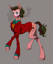 Size: 2037x2465 | Tagged: safe, artist:1an1, imported from derpibooru, earth pony, pony, chromatic aberration, cigarette, clothes, crossover, gray background, high res, joker (2019), looking at you, makeup, male, ponified, simple background, smoking, solo, stallion, suit, the joker
