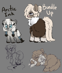 Size: 3429x4000 | Tagged: safe, artist:anonymous, imported from derpibooru, imported from ponybooru, oc, oc only, oc:arctic ink, oc:bundle up, pony, /mlp/, chest fluff, clothes, coat markings, cuddling, cute, duo, ear fluff, ears, female, filly, fluffy, gray background, lidded eyes, looking at you, looking back, looking back at you, mare, mother and child, mother and daughter, painting, parent and child, partial color, pelt, pigtails, prehensile tail, red nose, simple background, snow mare, snowpony (species), socks (coat marking), taiga pony, unshorn fetlocks, yakutian horse
