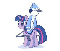 Size: 1748x1488 | Tagged: safe, artist:acynosure, imported from derpibooru, twilight sparkle, bird, blue jay, unicorn, blushing, butt, butt touch, crossover, crossover shipping, female, male, mordecai, mordetwi, plot, regular show, riding a pony, shipping, straight, twibutt, unicorn twilight