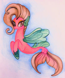 Size: 960x1154 | Tagged: safe, artist:kumisasoriza, imported from derpibooru, oc, oc only, pegasus, pony, seapony (g4), brown mane, colored pupils, deviantart watermark, dorsal fin, eyelashes, female, fin wings, fins, fish tail, flowing mane, flowing tail, obtrusive watermark, seaponified, smiling, solo, species swap, tail, watermark, wings