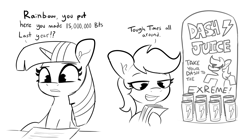Size: 4029x2250 | Tagged: safe, artist:tjpones, imported from derpibooru, rainbow dash, twilight sparkle, alicorn, pegasus, pony, black and white, chris chan, duo, energy drink, female, grayscale, mare, money, monochrome, soda can, taxes, to the extreme, twilight sparkle (alicorn)