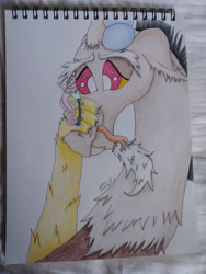 Size: 780x1040 | Tagged: safe, artist:diamond06mlp, imported from derpibooru, discord, butterfly, draconequus, bust, chest fluff, fluffy, hand on face, irl photo, male, notepad, signature, solo, tongue out, traditional art