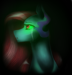 Size: 944x982 | Tagged: safe, artist:penrosa, imported from derpibooru, oc, oc only, earth pony, pony, black background, bust, corrupted, crying, earth pony oc, female, mare, simple background, solo, sombra eyes