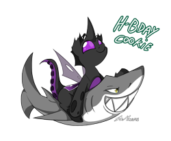 Size: 1016x838 | Tagged: safe, artist:srmario, imported from derpibooru, oc, oc only, changeling, shark, changeling oc, duo, male, purple changeling, riding, sharp teeth, signature, simple background, smiling, teeth, transparent background