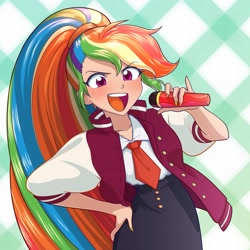 Size: 1695x1695 | Tagged: safe, artist:rileyav, imported from derpibooru, rainbow dash, human, alternate hairstyle, anime, clothes, cosplay, costume, hand on hip, humanized, microphone, nail polish, necktie, open mouth, saki nikaido, school uniform, skirt, zombieland saga