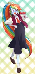 Size: 1971x4096 | Tagged: safe, alternate version, artist:rileyav, imported from derpibooru, rainbow dash, equestria girls, alternate hairstyle, anime, clothes, cosplay, costume, hand on hip, microphone, necktie, open mouth, ponytail, saki nikaido, school uniform, shoes, skirt, zombieland saga