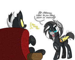 Size: 1233x988 | Tagged: safe, artist:srmario, imported from derpibooru, oc, oc:doctiry, oc:platan, alicorn, changeling, pony, alicorn oc, changeling oc, clothes, costume, couch, dialogue, female, horn, male, mare, platiry, raised hoof, simple background, white background, wings, yellow changeling