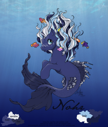 Size: 707x828 | Tagged: safe, artist:ohmycasablanca, imported from derpibooru, oc, oc only, fish, merpony, sea pony, seapony (g4), blue eyes, crepuscular rays, dorsal fin, fins, flowing mane, ocean, open mouth, signature, solo, sunlight, swimming, tail, underwater, water