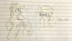 Size: 1330x750 | Tagged: safe, artist:metaruscarlet, imported from derpibooru, earth pony, pony, applejack's hat, blushing, chest fluff, cowboy hat, female, glasses, hat, lined paper, mare, question mark, raised hoof, sketch, solo, sweat, sweatdrop, traditional art