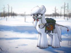Size: 4000x3000 | Tagged: safe, artist:selenophile, imported from derpibooru, oc, oc only, oc:fall frost, earth pony, pony, blanket, bridle, chest fluff, dressage, ear fluff, eye clipping through hair, eyebrows, eyebrows visible through hair, female, fishing rod, fluffy, frown, high res, leg fluff, mare, pack, snow, snow mare, snowmare, snowpony (species), solo, tack, taiga pony, tassels, tree, unshorn fetlocks, yakutian horse
