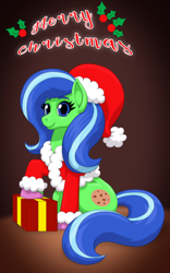 Size: 1250x2000 | Tagged: safe, artist:runningtoaster, imported from derpibooru, oc, oc only, oc:chafine, earth pony, pony, blushing, christmas, colored hooves, earth pony oc, female, gradient background, holiday, mare, present, smiling, solo
