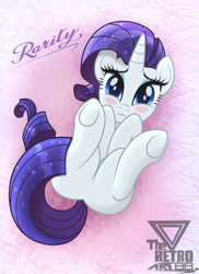 Size: 1200x1650 | Tagged: safe, artist:theretroart88, imported from derpibooru, rarity, pony, unicorn, :3, blue eyes, blushing, cute, eyelashes, featureless crotch, female, horn, legs in air, looking at you, lying down, mare, on back, raribetes, solo, stupid sexy rarity, sweet dreams fuel, underhoof