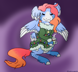 Size: 1950x1800 | Tagged: safe, artist:misskanabelle, imported from derpibooru, oc, oc only, pegasus, pony, abstract background, clothes, ear fluff, hoof fluff, mug, pegasus oc, smiling, sweater, two toned wings, wings