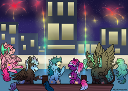 Size: 2100x1500 | Tagged: safe, artist:misskanabelle, imported from derpibooru, oc, oc only, alicorn, pegasus, alicorn oc, boat, building, chest fluff, fireworks, flying, horn, night, pegasus oc, raised hoof, stars, wings