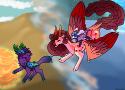 Size: 2100x1500 | Tagged: safe, artist:misskanabelle, imported from derpibooru, oc, oc only, changedling, changeling, pony, changedling oc, changeling oc, flying, outdoors, ponies riding ponies, riding, volcano