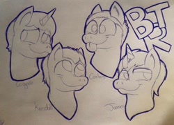 Size: 960x694 | Tagged: safe, artist:millefaller, imported from derpibooru, earth pony, pony, unicorn, :p, big time rush, carlos pena, horn, james maslow, kendall schmidt, lineart, logan henderson, male, ponified, smiling, stallion, tongue out, traditional art