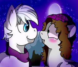 Size: 1300x1120 | Tagged: safe, artist:millefaller, imported from derpibooru, double diamond, oc, earth pony, pony, beanie, blushing, canon x oc, clothes, earth pony oc, female, full moon, hat, male, mare, moon, night, scarf, stallion, stars