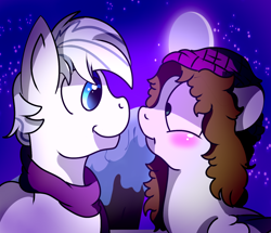 Size: 1300x1120 | Tagged: safe, alternate version, artist:millefaller, imported from derpibooru, double diamond, oc, earth pony, pony, beanie, blushing, canon x oc, clothes, earth pony oc, female, full moon, hat, male, mare, moon, night, scarf, stallion, stars