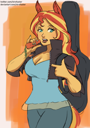 Size: 1240x1754 | Tagged: safe, artist:nire, imported from derpibooru, sunset shimmer, equestria girls, breasts, busty sunset shimmer, carrot, cleavage, clothes, ears, eating, food, guitar, guitar case, herbivore, jacket, leather jacket, looking at you, musical instrument, nail polish, open mouth, pony ears, tail, uma musume pretty derby