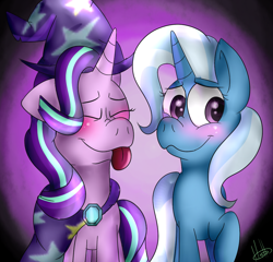 Size: 1020x981 | Tagged: safe, artist:millefaller, imported from derpibooru, starlight glimmer, trixie, pony, unicorn, :p, abstract background, accessory swap, blushing, eyes closed, female, horn, lesbian, shipping, signature, startrix, tongue out