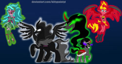 Size: 1280x680 | Tagged: safe, artist:cynicalhoodiebases, artist:gihhbloonde, artist:kingbases, artist:kittypaintyt, imported from derpibooru, gaea everfree, gloriosa daisy, king sombra, pony of shadows, sunset shimmer, alicorn, demon, human, pony, unicorn, equestria girls, equestria girls (movie), legend of everfree, antagonist, crossed arms, evil grin, floating, glow, glowing, grin, looking at you, open mouth, simple background, smiling, sombra eyes, spread wings, sunset satan, wings