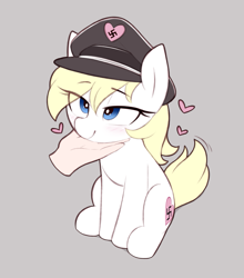 Size: 1483x1689 | Tagged: safe, artist:shinodage, imported from ponybooru, oc, oc only, oc:aryanne, earth pony, human, pony, aryanbetes, behaving like a dog, blonde, blonde hair, blushing, cute, disembodied hand, eye clipping through hair, female, floating heart, gray background, hair, hand, hat, heart, high res, lidded eyes, looking at you, mare, nazi, nazipone, peaked cap, petting, simple background, sitting, smiling, solo, tail wag