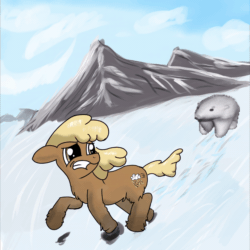 Size: 1688x1688 | Tagged: safe, artist:anonymous, bear, pony, /mlp/, animated, chest fluff, coat markings, ears, female, floppy ears, fluffy, looking at something, looking back, mare, meme, mountain, running, scared, snow, snowpony (species), socks (coat marking), taiga pony