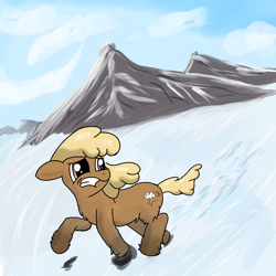 Size: 3000x3000 | Tagged: safe, artist:anonymous, imported from ponybooru, /mlp/, chest fluff, coat markings, ears, female, floppy ears, fluffy, looking at something, looking back, mare, mountain, running, scared, snow, snowpony (species), socks (coat marking), taiga pony