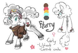 Size: 840x570 | Tagged: safe, alternate version, artist:anonymous, imported from ponybooru, oc, oc only, oc:flurry, /mlp/, bear pelt, coat markings, excited, female, fluffy, looking at you, looking back, looking back at you, mare, partial color, reference sheet, simple background, sitting, snowpony (species), socks (coat marking), taiga pony, unshorn fetlocks, white background