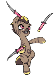 Size: 796x1092 | Tagged: safe, alternate version, artist:multiverseequine, derpibooru exclusive, imported from derpibooru, oc, oc only, oc:ysillee, hybrid, pony, zony, bipedal, colored, colored muzzle, colt, dagger, foal, juggling, knife, male, performance, simple background, smiling, solo, standing, standing on one leg, stripes, transparent background, two toned mane, weapon, zony oc