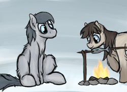 Size: 1482x1075 | Tagged: safe, artist:ahorseofcourse, edit, imported from ponybooru, oc, oc only, oc:frosty flakes, oc:silver sword, pony, /mlp/, blaze (coat marking), campfire, chest fluff, coat markings, cooking, duo, female, fluffy, food, hornless edit, looking at each other, male, mare, meat, ponies eating fish, ponies eating meat, sitting, snow, snowpony (species), socks (coat marking), stallion, taiga pony, yakutian horse
