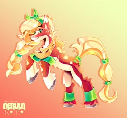 Size: 2278x2123 | Tagged: safe, artist:nebularobo, imported from twibooru, applejack, earth pony, pony, alternate design, female, image, mare, needs more jpeg, rearing, redesign, solo, tail wrap, watermark