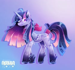 Size: 2278x2123 | Tagged: safe, artist:nebularobo, imported from twibooru, twilight sparkle, alicorn, pony, alternate design, clothes, ethereal mane, female, glasses, image, mare, needs more jpeg, redesign, scarf, solo, tail wrap, twilight sparkle (alicorn), watermark