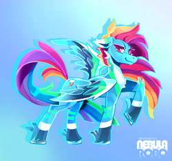 Size: 2278x2123 | Tagged: safe, artist:nebularobo, imported from twibooru, rainbow dash, pegasus, pony, alternate design, female, image, mare, needs more jpeg, redesign, solo, watermark